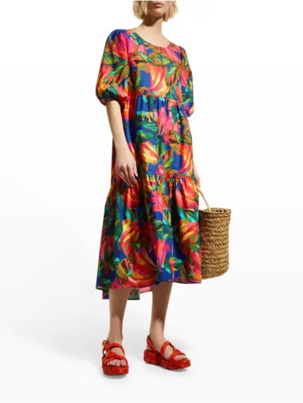 NWT Farm Rio Banana Mix Tropical Print Puff Sleeve Midi Dress - Blue Multi - Picture 2 of 11